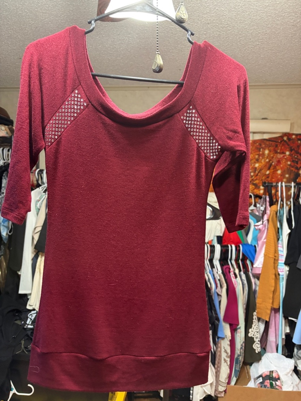 In Joy Clothing Burgundy Rhinestone Y2K Off Shoulder Top USA Made